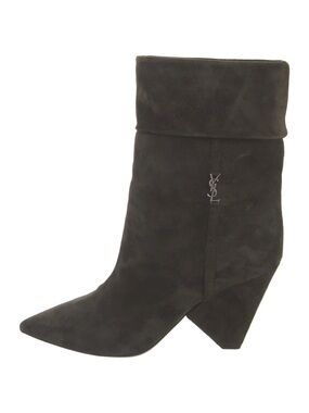 Saint Laurent Black Suede Folded-Cuff Pointed Toe Ankle Boot